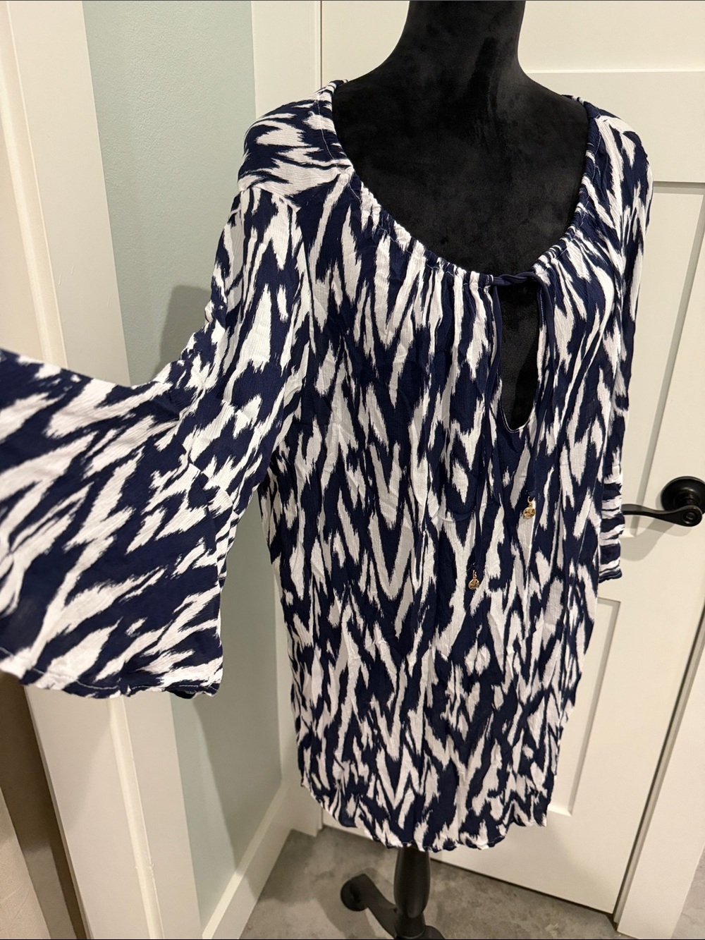 Anne Cole Navy Abstract Printed Swim Coverup Tunic Ruffle Sleeve Lightweight XXL